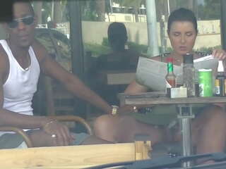 Cheating Wife &num;4 part III - Hubby movies me outside a cafe Upskirt Flashing and having an Interracial affair with a Black Man&excl;&excl;&excl;