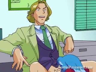 Blue haired manga teenager ngisep an immense schlong on her knees